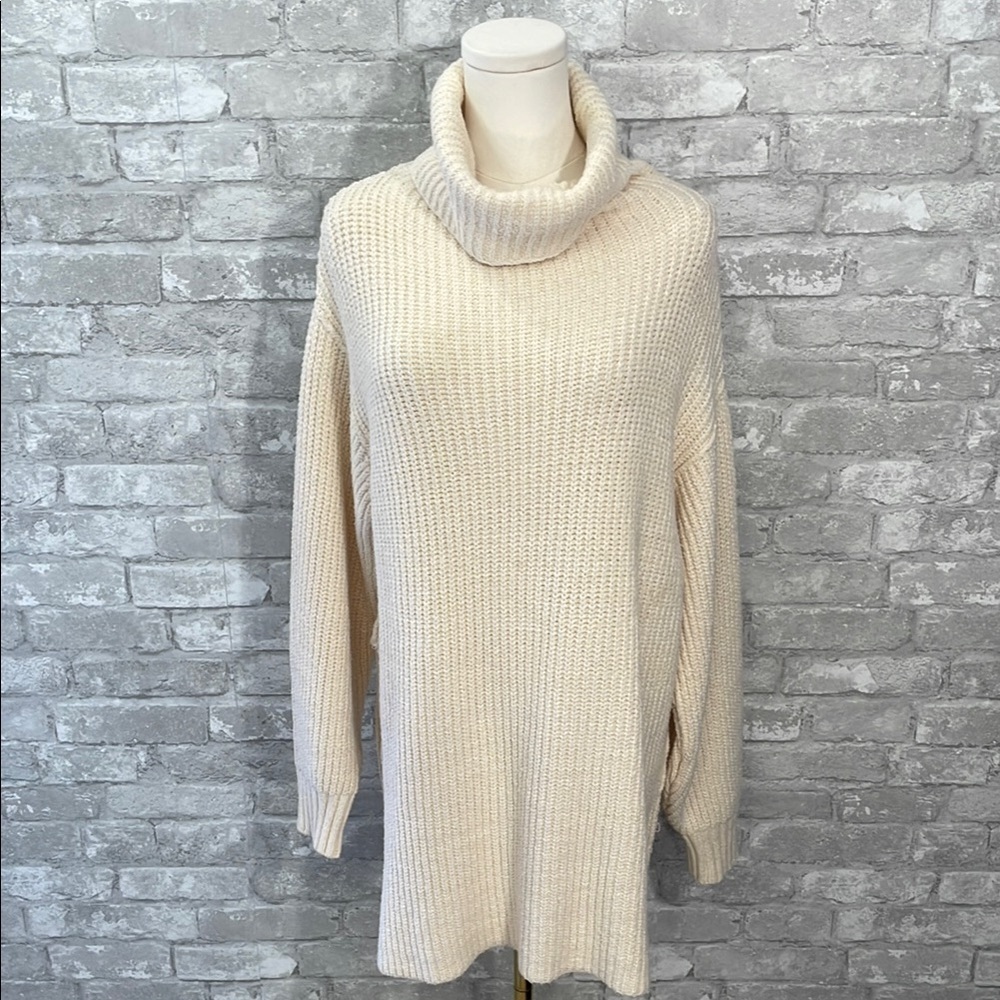 Free People Cream Eleven Ribbed Knit Turtleneck Sweater